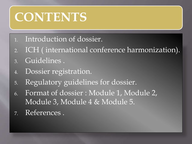 Content and format of dossier filling in india | PPTX | Pharmaceutical ...