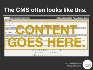 The CMS often looks like this.


  CONTENT
 GOES HERE.
                      2012 MIMA Summit
                        @sara_ann_marie
 