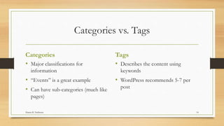 Categories vs. Tags
Categories
• Major classifications for
information
• “Events” is a great example
• Can have sub-catego...