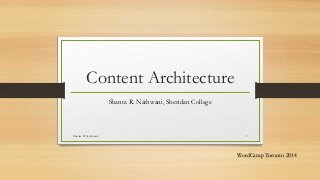 Content Architecture
Shanta R. Nathwani, Sheridan College
Shanta R. Nathwani 1
WordCamp Toronto 2014
 