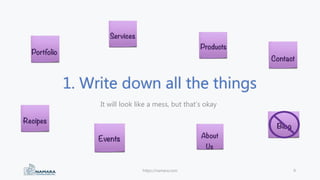 1. Write down all the things
It will look like a mess, but that’s okay
https://namara.com 9
 