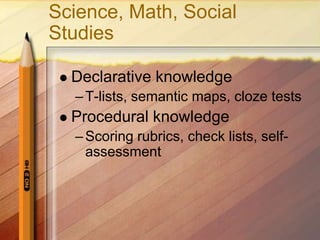 Science, Math, Social
Studies

    Declarative knowledge
     – T-lists, semantic maps, cloze tests
    Procedural knowledge
     – Scoring rubrics, check lists, self-
       assessment
 