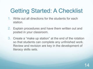 Getting Started: A Checklist
1. Write out all directions for the students for each
   station.

2. Explain procedures and have them written out and
   posted in your classroom.

3. Create a “make up station” at the end of the rotation
   so that students can complete any unfinished work.
   Review and revision are key in the development of
   literacy skills sets.




                                                           14
 