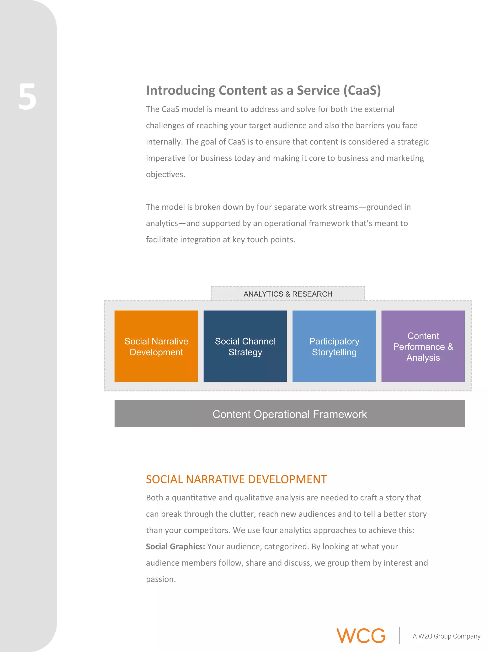 Introducing 
Content 
as 
a 
Service 
(CaaS) 
The 
CaaS 
model 
is 
meant 
to 
address 
and 
solve 
for 
both 
the 
external 
challenges 
of 
reaching 
your 
target 
audience 
and 
also 
the 
barriers 
you 
face 
internally. 
The 
goal 
of 
CaaS 
is 
to 
ensure 
that 
content 
is 
considered 
a 
strategic 
impera've 
for 
business 
today 
and 
making 
it 
core 
to 
business 
and 
marke'ng 
objec'ves. 
The 
model 
is 
broken 
down 
by 
four 
separate 
work 
streams—grounded 
in 
analy'cs—and 
supported 
by 
an 
opera'onal 
framework 
that’s 
meant 
to 
facilitate 
integra'on 
at 
key 
touch 
points. 
Social Narrative 
Development 
ANALYTICS & RESEARCH 
Social Channel 
Strategy 
Content 
Performance & 
Analysis 
Participatory 
Storytelling 
Content Operational Framework 
SOCIAL 
NARRATIVE 
DEVELOPMENT 
Both 
a 
quan'ta've 
and 
qualita've 
analysis 
are 
needed 
to 
cra 
a 
story 
that 
can 
break 
through 
the 
cluQer, 
reach 
new 
audiences 
and 
to 
tell 
a 
beQer 
story 
than 
your 
compe'tors. 
We 
use 
four 
analy'cs 
approaches 
to 
achieve 
this: 
Social 
Graphics: 
Your 
audience, 
categorized. 
By 
looking 
at 
what 
your 
audience 
members 
follow, 
share 
and 
discuss, 
we 
group 
them 
by 
interest 
and 
passion. 
5 
 