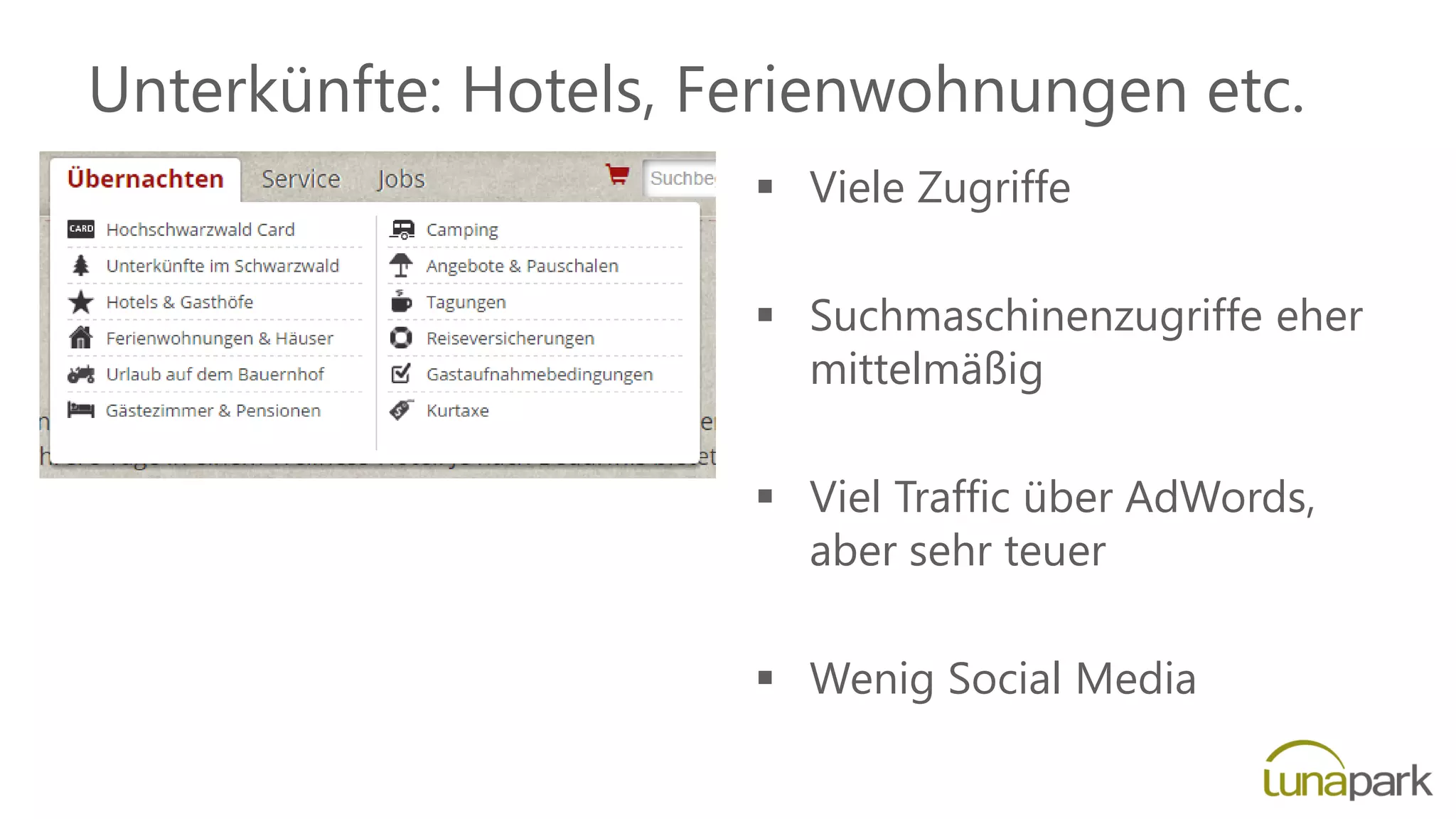 Unterkünfte: Hotels, Ferienwohnungen etc.
 Viele Zugriffe
 Suchmaschinenzugriffe eher
mittelmäßig
 Viel Traffic über AdWords,
aber sehr teuer
 Wenig Social Media
 