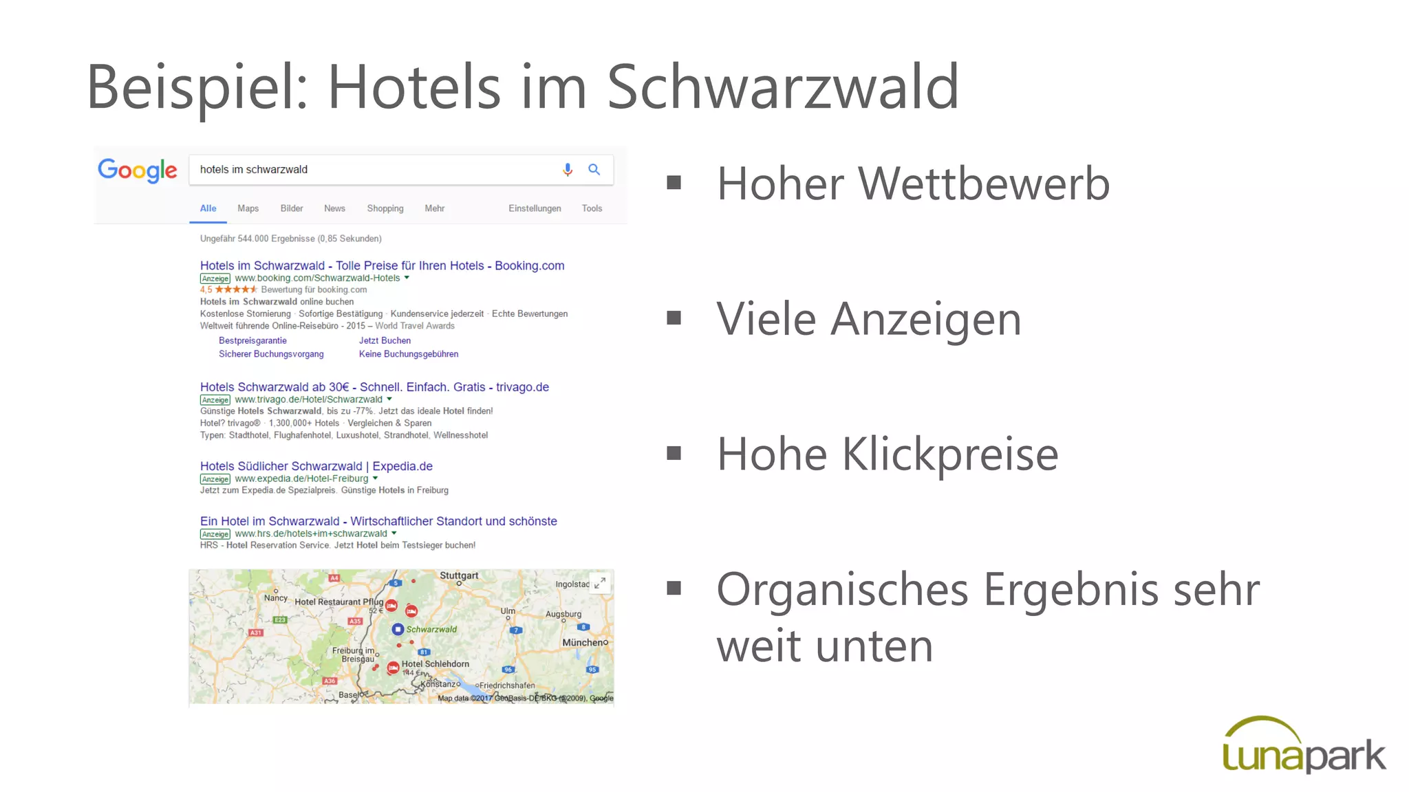 Beispiel: Hotels im Schwarzwald
 Hoher Wettbewerb
 Viele Anzeigen
 Hohe Klickpreise
 Organisches Ergebnis sehr
weit unten
 