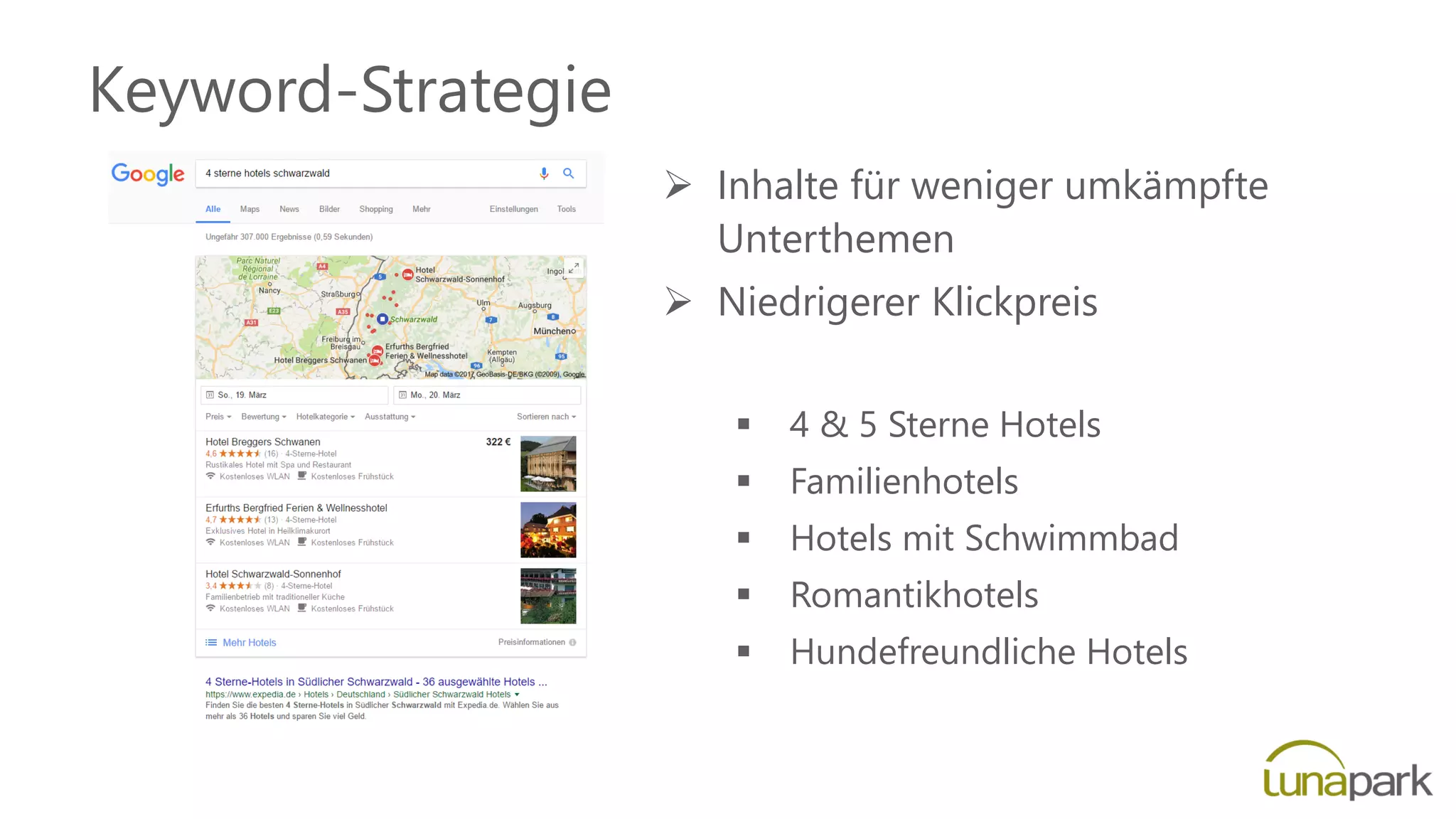 Keyword-Strategie
 Inhalte für weniger umkämpfte
Unterthemen
 Niedrigerer Klickpreis
 4 & 5 Sterne Hotels
 Familienhotels
 Hotels mit Schwimmbad
 Romantikhotels
 Hundefreundliche Hotels
 