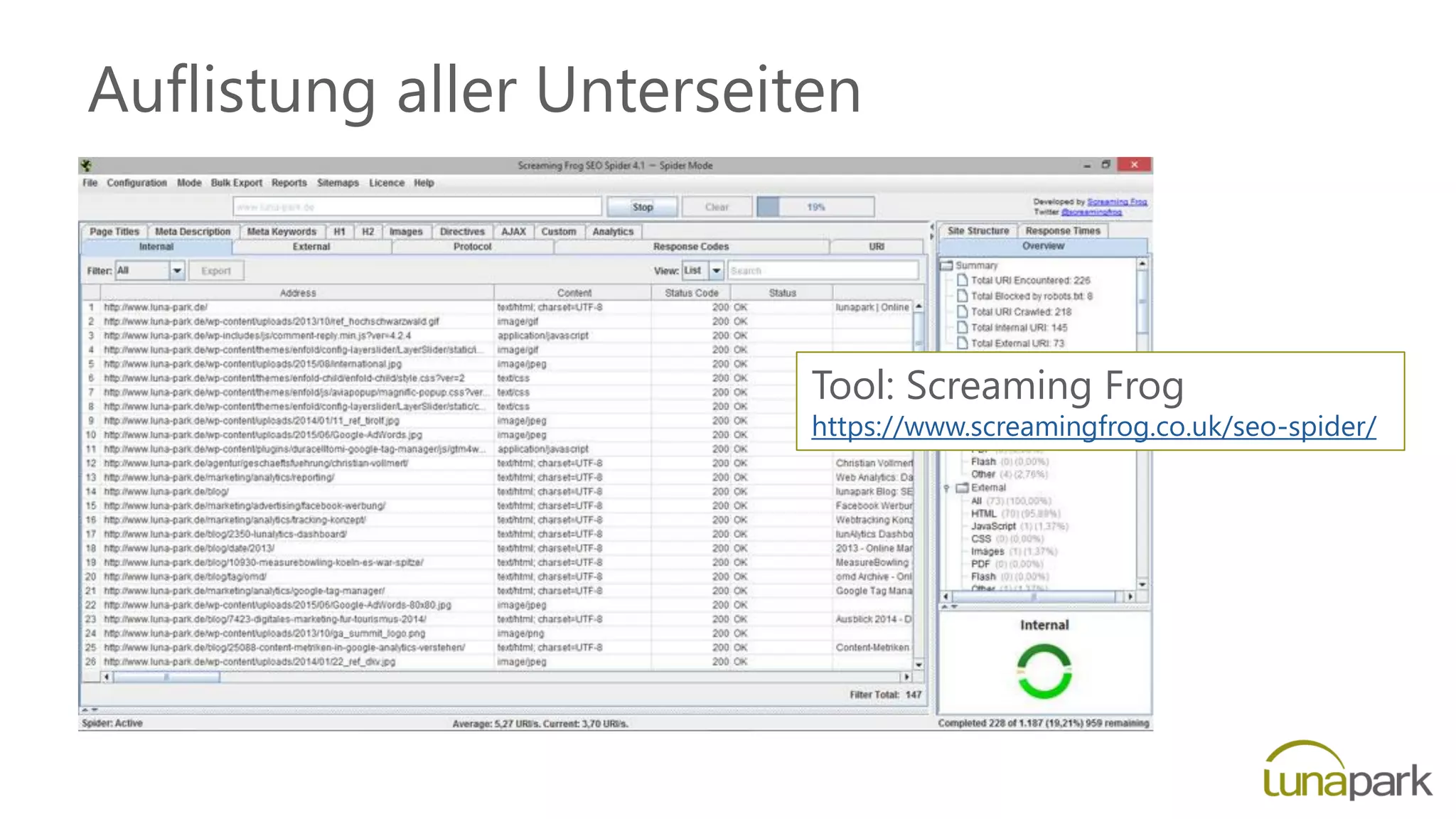 Auflistung aller Unterseiten
Tool: Screaming Frog
https://www.screamingfrog.co.uk/seo-spider/
 