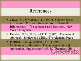 References
• Grave, W., & Stoller, F. L. (1997). Content-based
instruction: Research foundations. In Snow &
Brinton (eds.) The content-based lassroom. New
York: Longman.
• Krashen, S. D., & Terrel,T. D. (1983). The natural
approach. Englewood Cliffs, NY: Alemany Press.
• Pintrich, P. R., & Schunk, D. H. (1996).
Motivation in education: Theory, research, and
application. Englewood Cliffs, NJ: Prentice Hall.

 