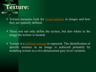 Texture: Texture measures look for  visual patterns  in images and how they are spatially defined.  These sets not only define the texture, but also where in the image the texture is located. Texture is a  difficult concept  to represent. The identification of specific textures in an image is achieved primarily by modeling texture as a two-dimensional gray level variation. 