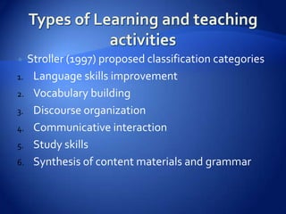  Stroller (1997) proposed classification categories
1. Language skills improvement
2. Vocabulary building
3. Discourse organization
4. Communicative interaction
5. Study skills
6. Synthesis of content materials and grammar
 