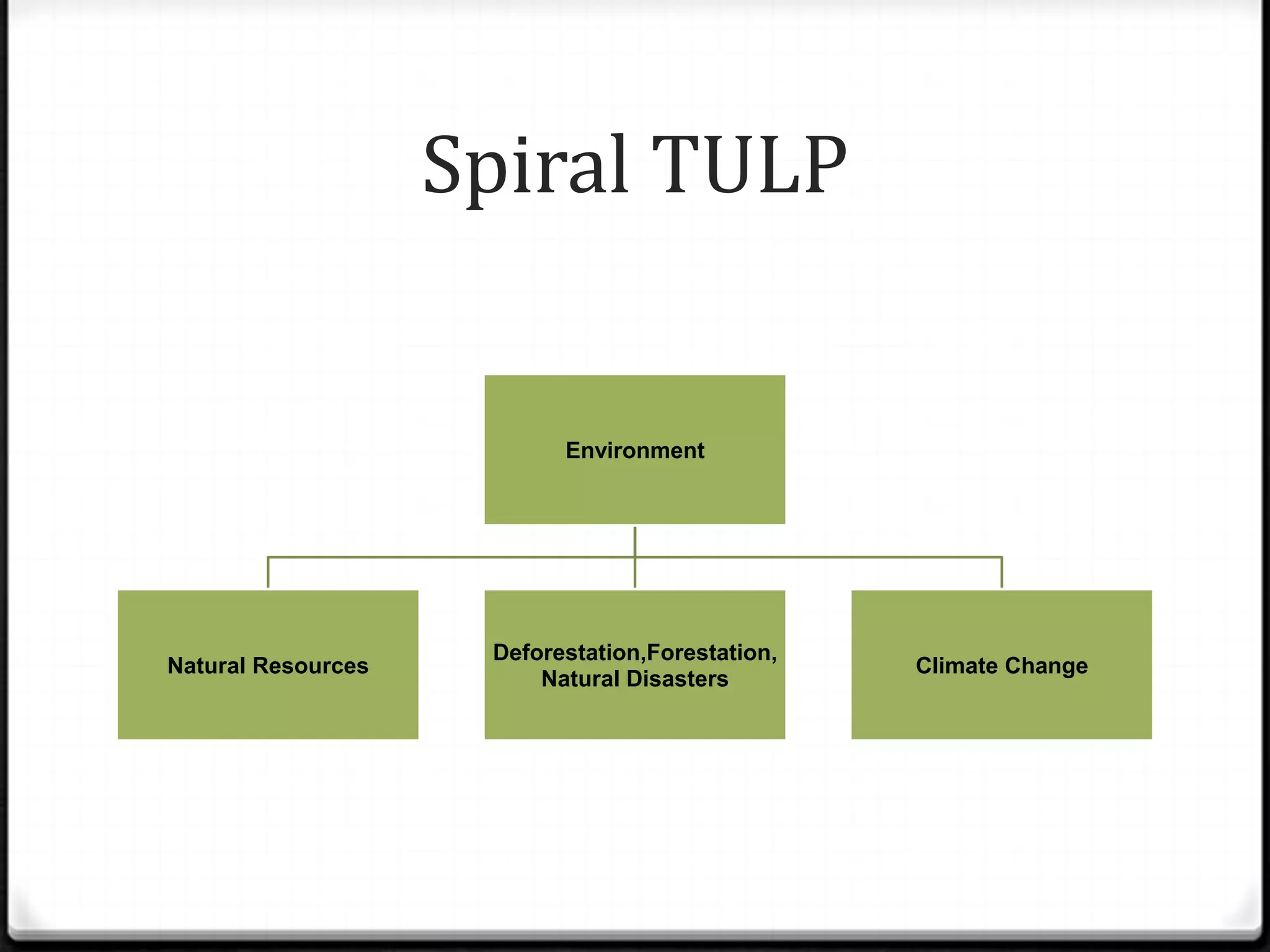 Spiral TULP


                           Environment




                     Deforestation,Forestation,
Natural Resources                                 Climate Change
                         Natural Disasters
 