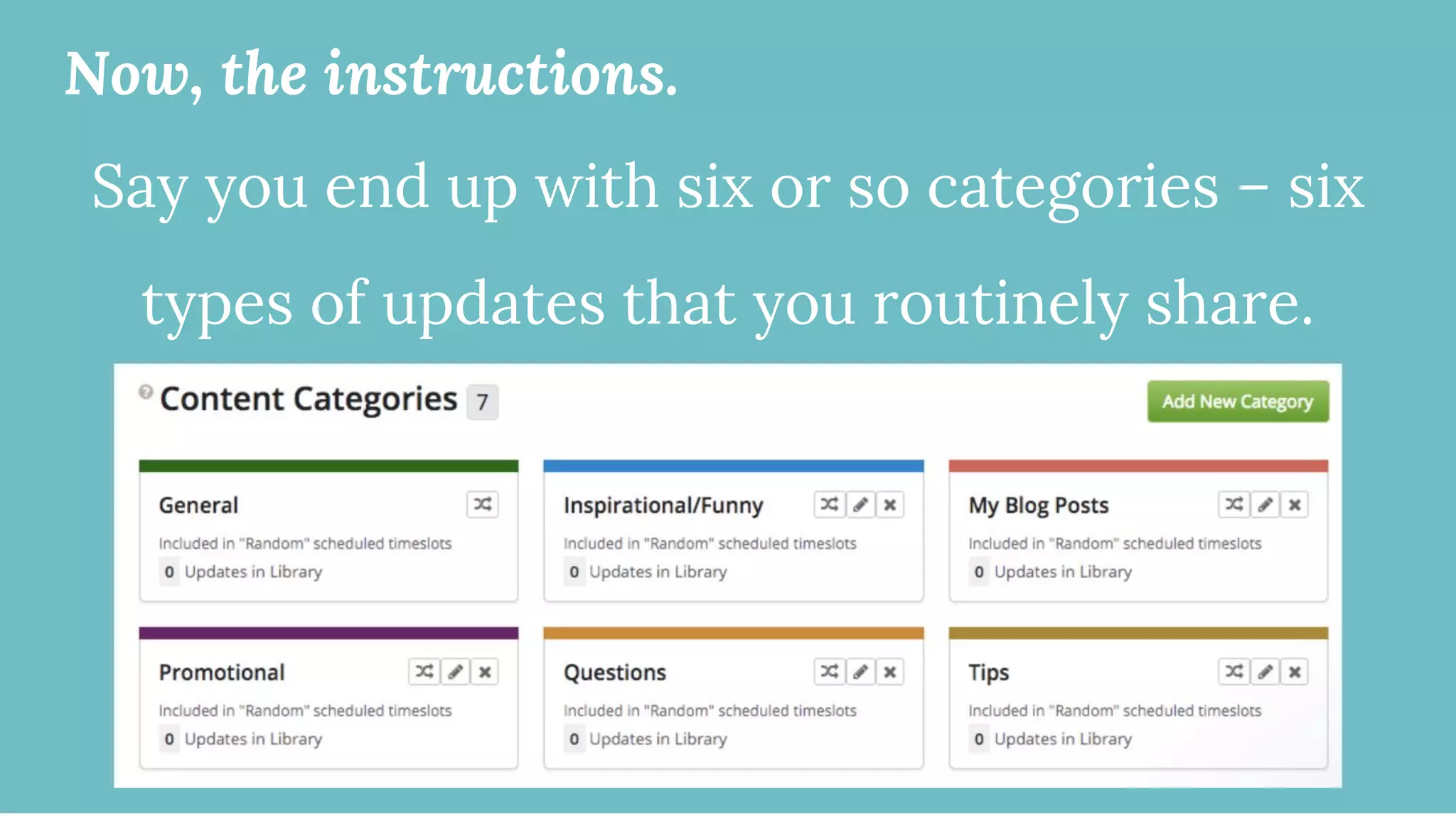 Now, the instructions.
Say you end up with six or so categories – six
types of updates that you routinely share.
 