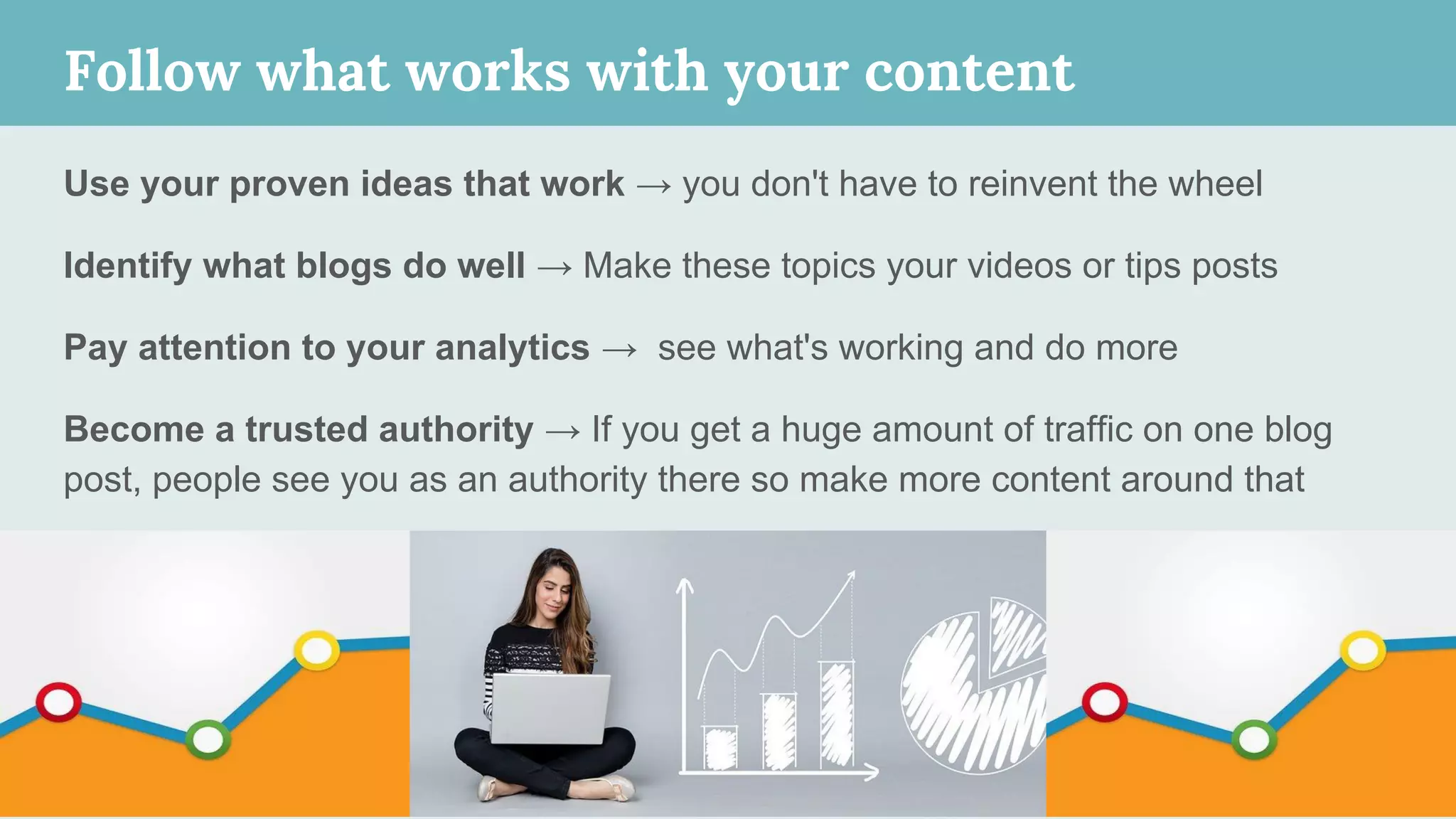 Follow what works with your content
Use your proven ideas that work → you don't have to reinvent the wheel
Identify what blogs do well → Make these topics your videos or tips posts
Pay attention to your analytics → see what's working and do more
Become a trusted authority → If you get a huge amount of traffic on one blog
post, people see you as an authority there so make more content around that
 