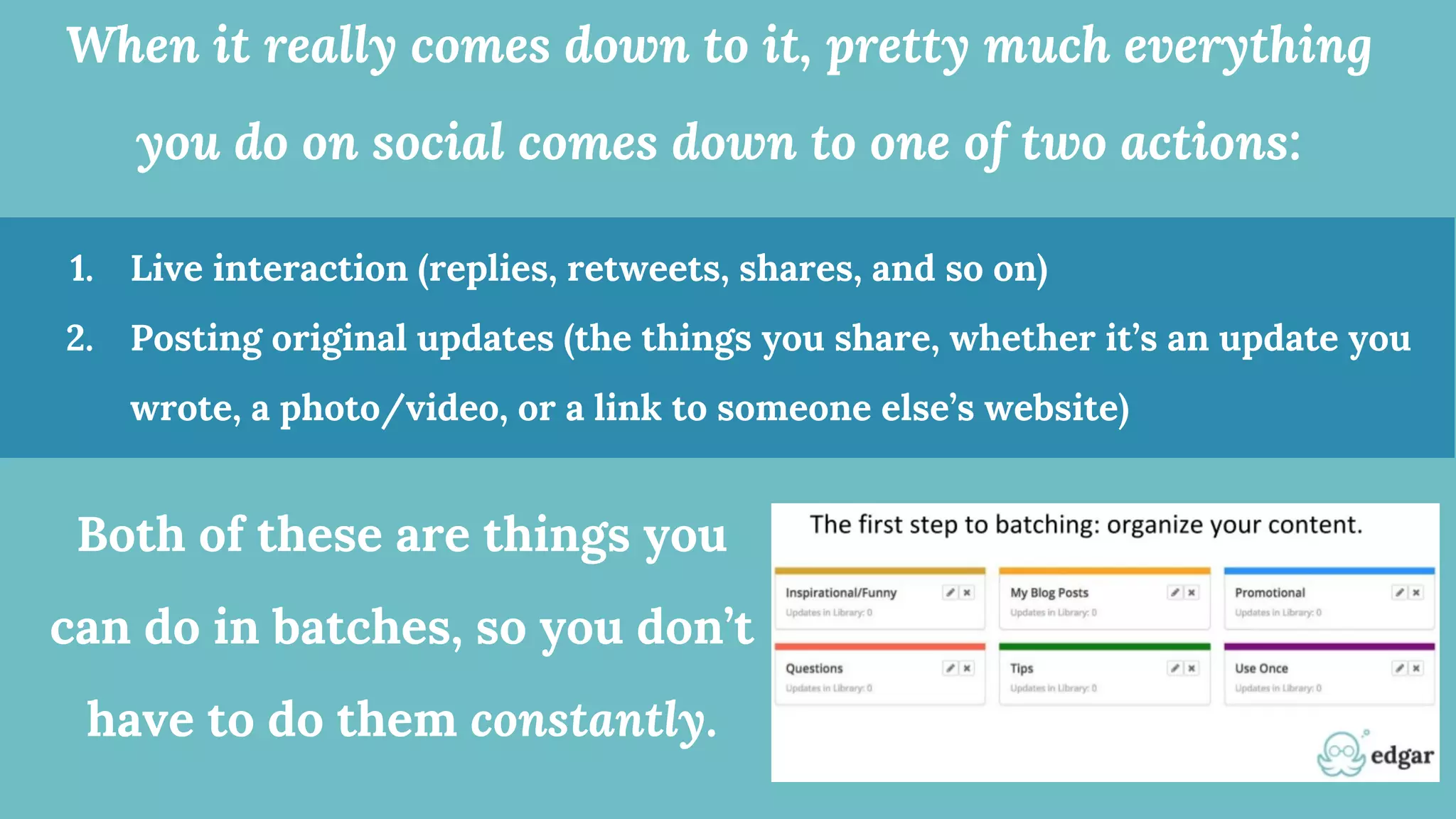 When it really comes down to it, pretty much everything
you do on social comes down to one of two actions:
1. Live interaction (replies, retweets, shares, and so on)
2. Posting original updates (the things you share, whether it’s an update you
wrote, a photo/video, or a link to someone else’s website)
Both of these are things you
can do in batches, so you don’t
have to do them constantly.
 