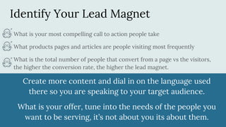 Identify Your Lead Magnet
What is your most compelling call to action people take
What products pages and articles are peo...