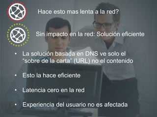 Sin impacto en la red: Solución eficiente
•  La solución basada en DNS ve solo el
“sobre de la carta” (URL) no el contenido
•  Esto la hace eficiente
•  Latencia cero en la red
•  Experiencia del usuario no es afectada
Hace esto mas lenta a la red?
 