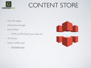 • Not only pages
• Hierarchical storage
• Store What?
• HTML, JS, RSS Feeds, json, data, etc.
• API Driven
• Power mobile apps
• intothebox.org
CONTENT STORE
 