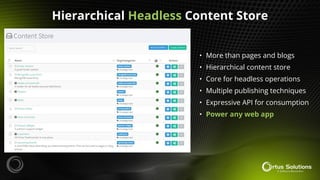 Hierarchical Headless Content Store
• More than pages and blogs
• Hierarchical content store
• Core for headless operations
• Multiple publishing techniques
• Expressive API for consumption
• Power any web app
 