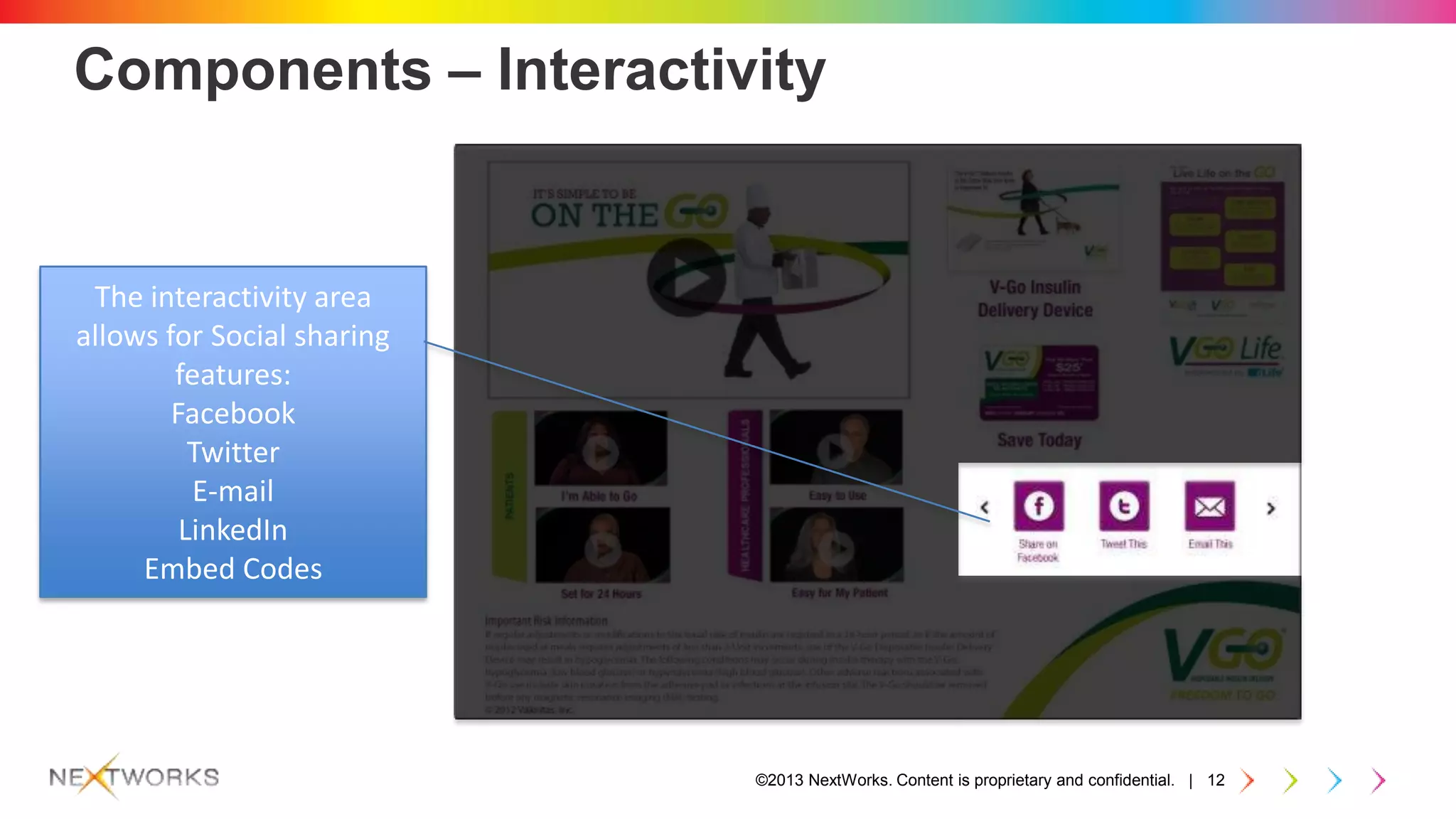 ©2013 NextWorks. Content is proprietary and confidential. | 12
Components – Interactivity
The interactivity area
allows for Social sharing
features:
Facebook
Twitter
E-mail
LinkedIn
Embed Codes
 