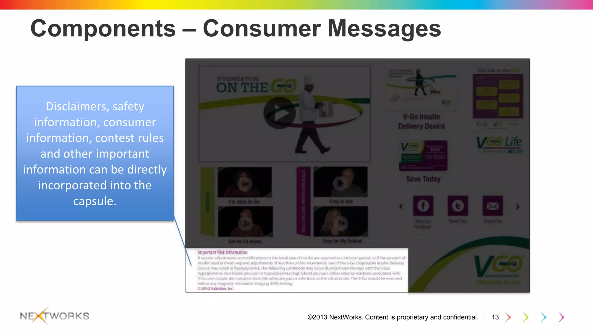 ©2013 NextWorks. Content is proprietary and confidential. | 13
Components – Consumer Messages
Disclaimers, safety
information, consumer
information, contest rules
and other important
information can be directly
incorporated into the
capsule.
 