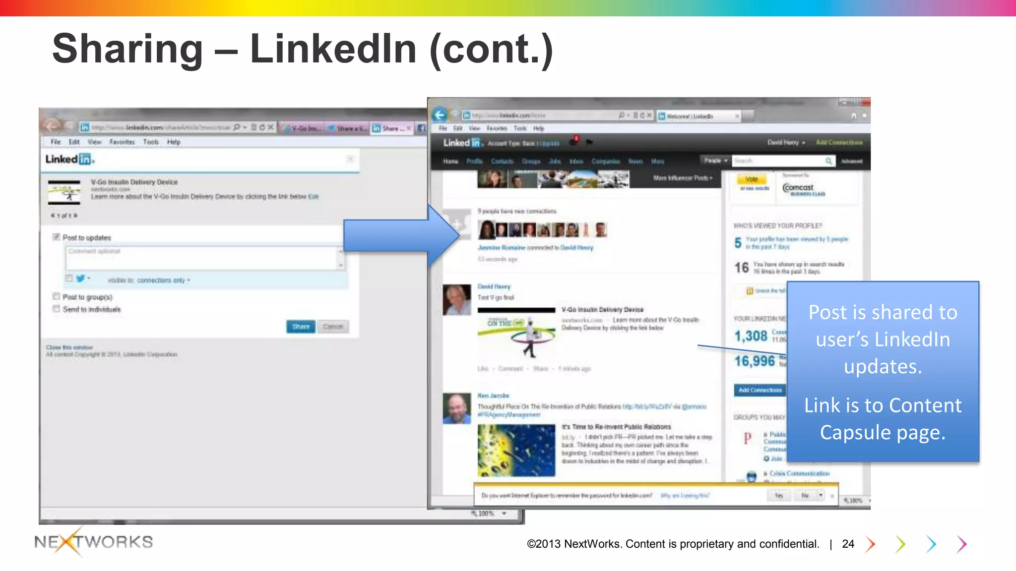©2013 NextWorks. Content is proprietary and confidential. | 24
Sharing – LinkedIn (cont.)
Post is shared to
user’s LinkedIn
updates.
Link is to Content
Capsule page.
 