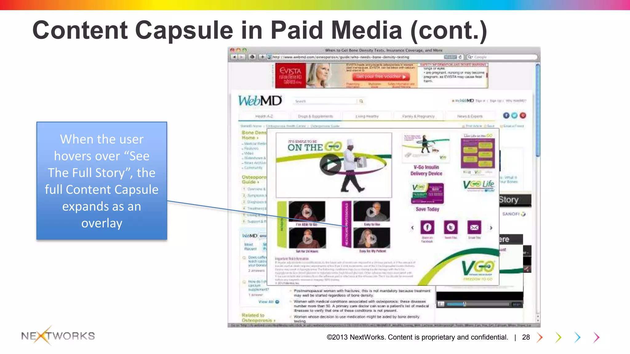 ©2013 NextWorks. Content is proprietary and confidential. | 28
Content Capsule in Paid Media (cont.)
When the user
hovers over “See
The Full Story”, the
full Content Capsule
expands as an
overlay
 