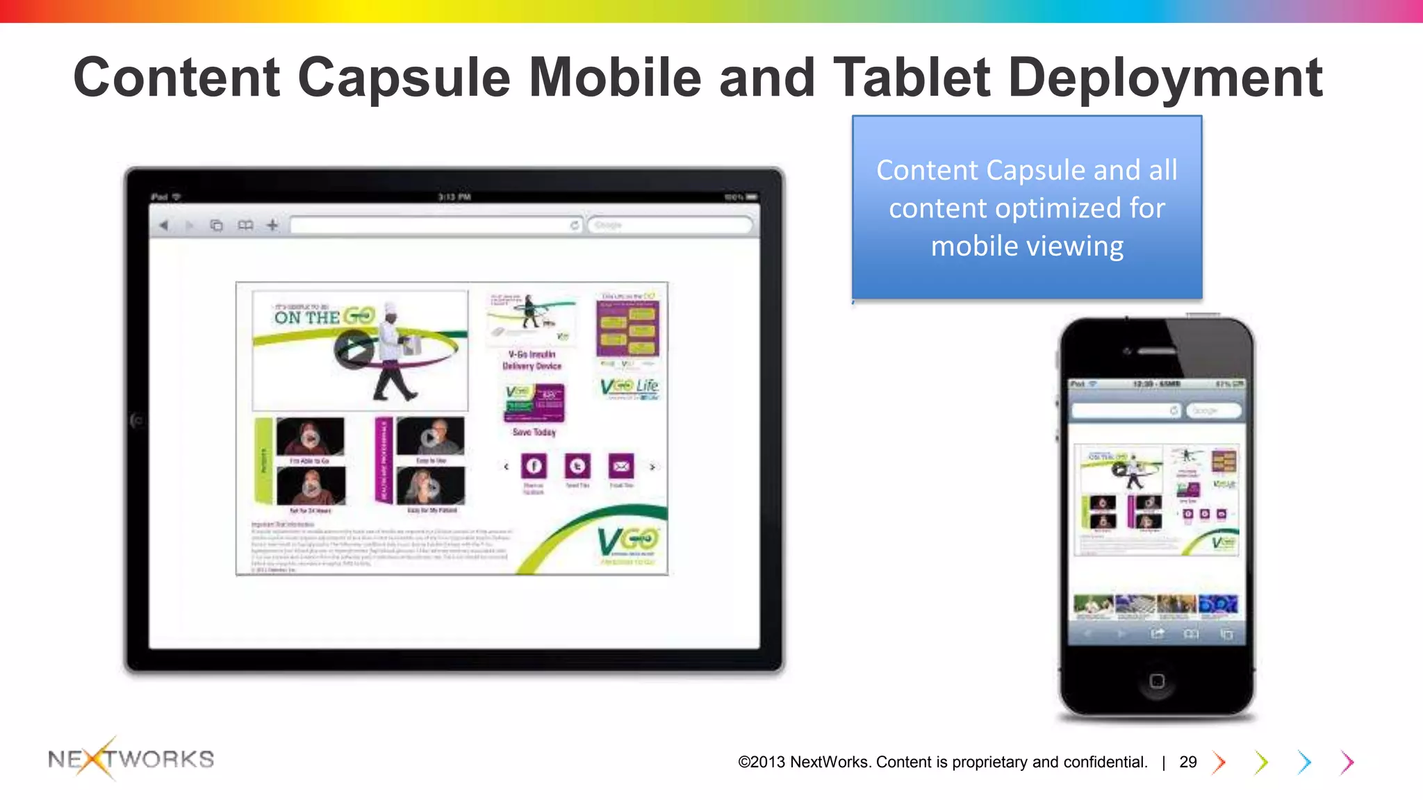©2013 NextWorks. Content is proprietary and confidential. | 29
Content Capsule Mobile and Tablet Deployment
Content Capsule and all
content optimized for
mobile viewing
 