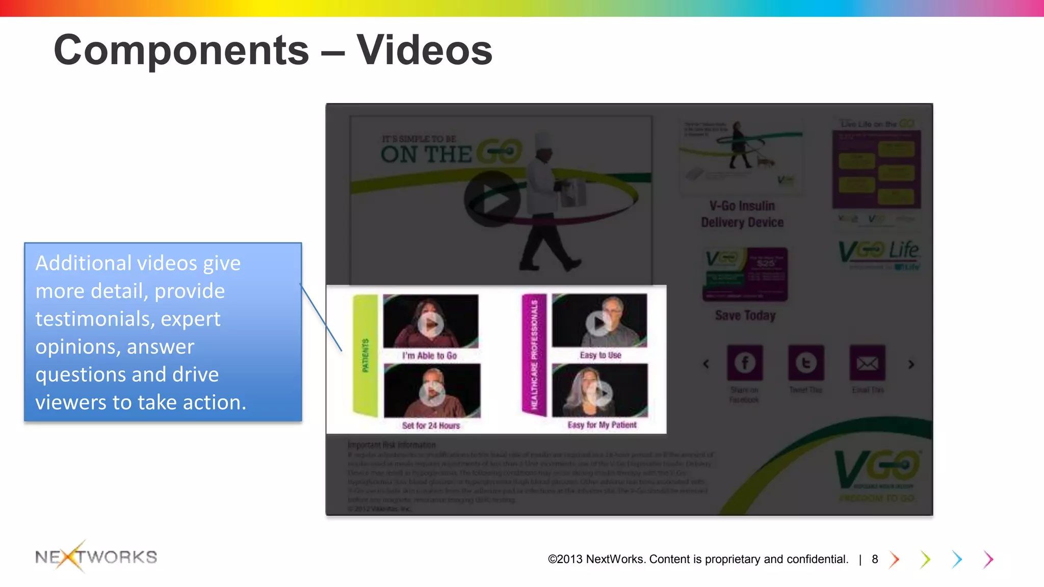©2013 NextWorks. Content is proprietary and confidential. | 8
Components – Videos
Additional videos give
more detail, provide
testimonials, expert
opinions, answer
questions and drive
viewers to take action.
 