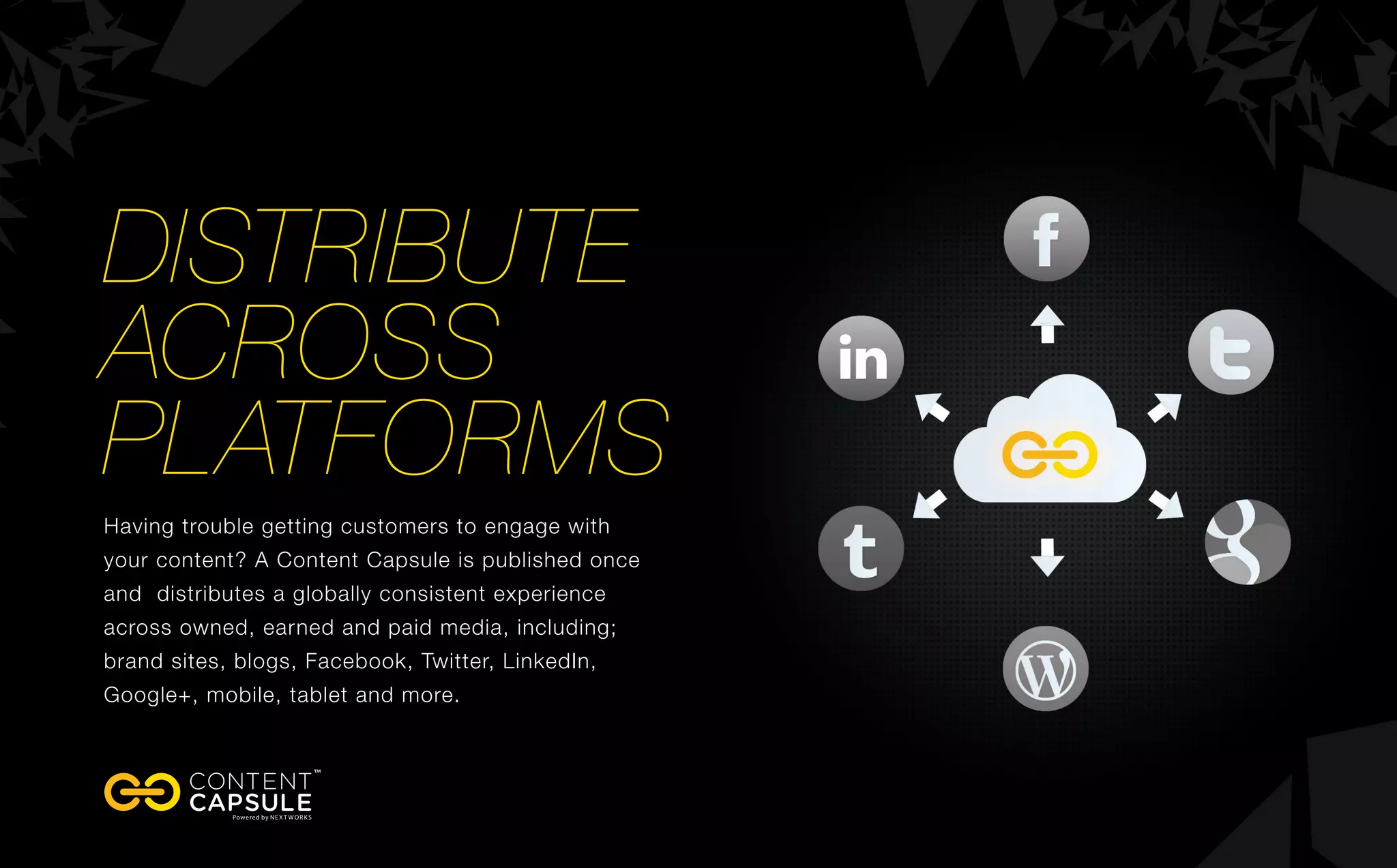 Distribute
across
platforms
Having trouble getting customers to engage with
your content? A Content Capsule is published once
and distributes a globally consistent experience
across owned, earned and paid media, including;
brand sites, blogs, Facebook, Twitter, LinkedIn,
Google+, mobile, tablet and more.
 