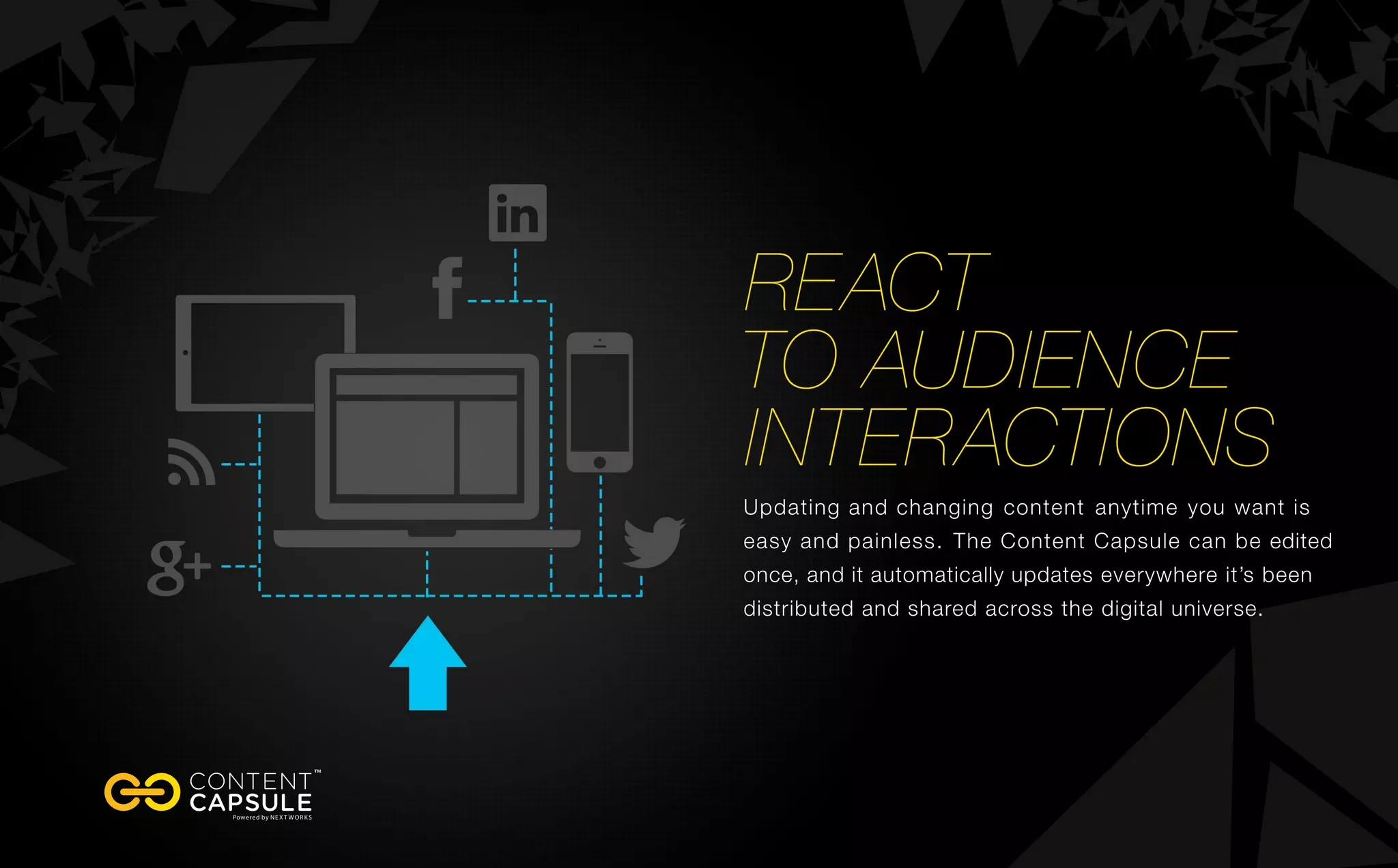 React
to audience
interactions
Updating and changing content anytime you want is
easy and painless. The Content Capsule can be edited
once, and it automatically updates everywhere it’s been
distributed and shared across the digital universe.
 