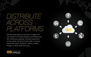 Distribute
across
platforms
Having trouble getting customers to engage with
your content? A Content Capsule is published once
and distributes a globally consistent experience
across owned, earned and paid media, including;
brand sites, blogs, Facebook, Twitter, LinkedIn,
Google+, mobile, tablet and more.
 