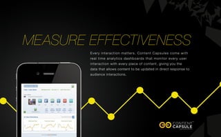 measure effectiveness
Every interaction matters. Content Capsules come with
real time analytics dashboards that monitor every user
interaction with every piece of content, giving you the
data that allows content to be updated in direct response to
audience interactions.
 