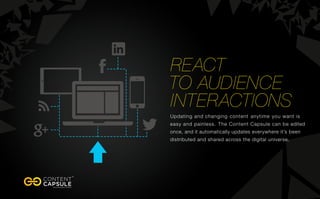 React
to audience
interactions
Updating and changing content anytime you want is
easy and painless. The Content Capsule can be edited
once, and it automatically updates everywhere it’s been
distributed and shared across the digital universe.
 
