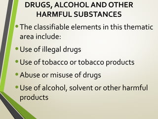 DRUGS, ALCOHOL AND OTHER
HARMFUL SUBSTANCES
•The classifiable elements in this thematic
area include:
•Use of illegal drugs
•Use of tobacco or tobacco products
•Abuse or misuse of drugs
•Use of alcohol, solvent or other harmful
products
 