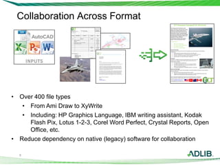 9
Collaboration Across Format
• Over 400 file types
• From Ami Draw to XyWrite
• Including: HP Graphics Language, IBM writing assistant, Kodak
Flash Pix, Lotus 1-2-3, Corel Word Perfect, Crystal Reports, Open
Office, etc.
• Reduce dependency on native (legacy) software for collaboration
Quotation Number
Ship To: Ministry of Defence #: 000F1806042011
ATTN: Mr. John Doe
P.O. DATE F.O.B. POINT TERMS
QTY UNIT PRICE TOTAL
22 $2,400,000.00
22 $125,000.00
22 $25,000.00
22 $750,000.00
$0.00
$0.00
SUBTOTAL $3,300,000.00
HST $429,000.00
TOTAL (US) $3,729,000.00
4. Send all correspondence to :
Adlib Software
215-3228 South Service Road
Burlington, Ontario. L7N 3H8
Phone: 905-631-2875
Fax: 905-639-3540
Authorized by Date
123 Compliance Street
San Francisco, CA 94114, USA
Phone: 415 555 12125
REQUISITIONER SHIPPED VIA
DESCRIPTION
ECT F/A-18 Upgrade Kits
Installation
Quality Assurance - Air Stress Test and Diagnostic
Annual Maintenance Agreement
ECT Aerospace Equipped F/A-18 Hornet
The combat-proven F/A-18 Hornet is a twin-
engine, multi-mission, tactical aircraft. It converts
between air-to-air fighter missions and air-to-
ground strike missions while on the same sortie
with the flick of a switch. Currently serving the
armed services of eight nations, the F/A-18 fulfills
the following types of assignment: fighter escort,
suppression of enemy air defenses,
reconnaissance, forward air control, close air
support, and day and night strike missions.
ECT Enhancements:
25% Increase in Radar Range
Track up to 12 Targets Simultaneously
Carry 30% More Armament
15% Increase in Operation Range
Aircraft Characteristics
Designed to reduce life-cycle costs, the F/A-18 is available in two models and possesses the following
characteristics.
Seating capacity/crew options: Model F/A-18C: one-seat (pilot-only)
Dimensions: length 56 ft (17.1 m), wing span 40 ft (12.3 m), height 15.3 ft (4.7 m)
Propulsion: two F404-GE-402 engines, each with 18,000 pounds of thrust
Top speed: Mach 1.8, Combat radius: 500+ nm (900+ km)
Armaments
In addition to an M61A1 20-mm gun mounted inside the nose of the craft, the F/A-
18 carries up to 13,700 pounds (6,227 kg) of external ordnance and has nine
weapon stations as follows:
Two wing tip stations for Sidewinders
Two outboard wing stations for air-to-air or air-to-ground weapons
Two inboard wing stations that can be used for fuel tanks, air-to-air
weapons, or air-to-ground weapons
Two nacelle fuselage stations for AMRAAMs, Sparrows, or sensor pods
Systems and Technologies
The F/A-18 utilizes various systems and technologies to minimize the likelihood of detection, escape if detected,
and return safely if hit.
Radar: APG-73 with increased speed and memory capacity
Targeting: laser target designator/ranger that is housed in a forward-looking infrared sensor, which
enables the craft to deliver precision laser-guided bombs accurately
The F/A-18 has been deployed by the armed services of the following nations: United States
(Navy and Marines), Canada, Australia, Spain, Kuwait, Finland, Switzerland, and Malaysia.
Contact: sales@ECTAerospace.com
123 Compliance St. San Francisco, CA
 