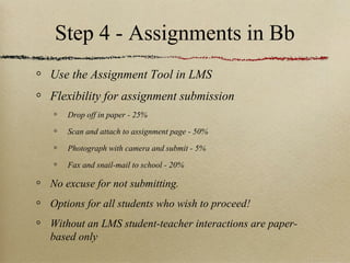 Step 4 - Assignments in Bb
Use the Assignment Tool in LMS
Flexibility for assignment submission
   Drop off in paper - 25%

   Scan and attach to assignment page - 50%

   Photograph with camera and submit - 5%

   Fax and snail-mail to school - 20%

No excuse for not submitting.
Options for all students who wish to proceed!
Without an LMS student-teacher interactions are paper-
based only
 