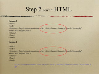 Step 2 con’t - HTML
Lesson 1
<head>
<body>
<iframe src="http://contentconnections.ca/pc11/Unit1/Lesson1/Lesson1ControllerStream.php"
width="900" height="600">
</iframe>
</body>
</html>

Lesson 2
<head>
<body>
<iframe src="http://contentconnections.ca/pc11/Unit1/Lesson2/Lesson2ControllerStream.php"
width="900" height="600">
</iframe>
</body>
</html>

       http://contentconnections.ca/pc11/Unit1/Lesson2/Lesson2ControllerStream.p
       hp
 