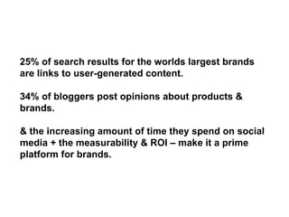 25% of search results for the worlds largest brands are links to user-generated content. 34% of bloggers post opinions about products & brands. & the increasing amount of time they spend on social media + the measurability & ROI – make it a prime platform for brands. 