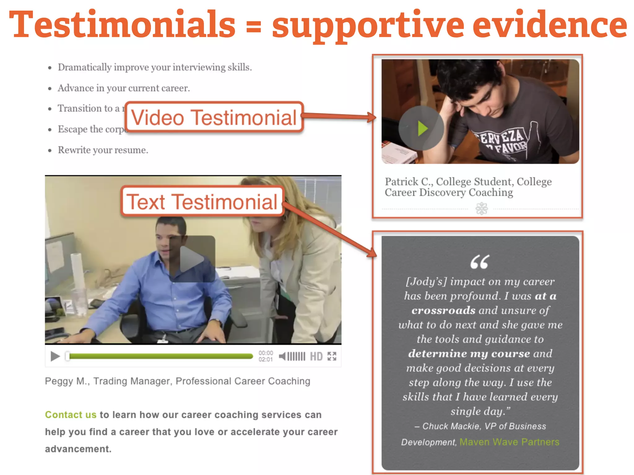 Testimonials = supportive evidence 
 