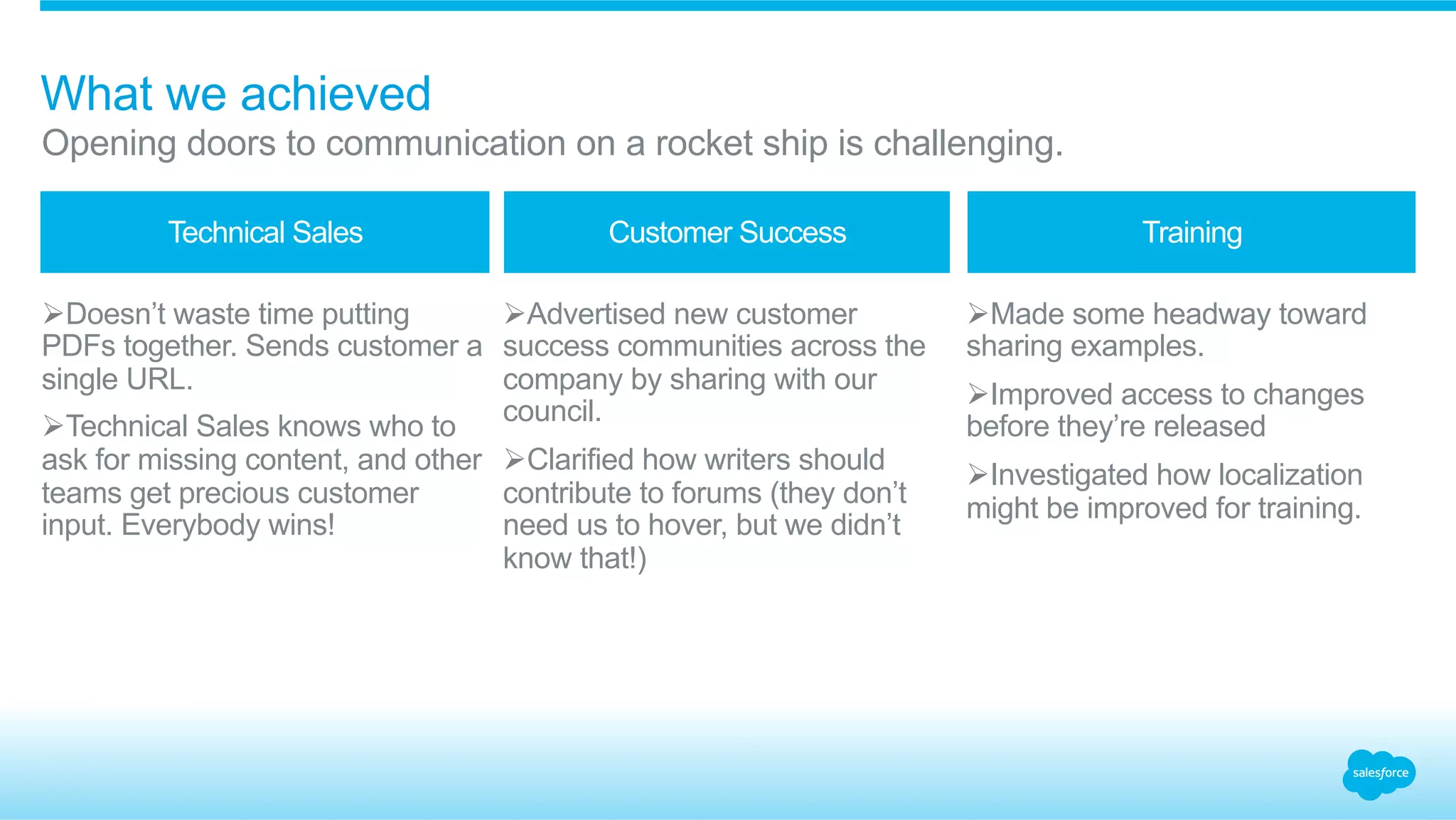 What we achieved 
Opening doors to communication on a rocket ship is challenging. 
Technical Sales Customer Success Training 
Ø Doesn’t waste time putting 
PDFs together. Sends customer a 
single URL. 
Ø Technical Sales knows who to 
ask for missing content, and other 
teams get precious customer 
input. Everybody wins! 
Ø Advertised new customer 
success communities across the 
company by sharing with our 
council. 
Ø Clarified how writers should 
contribute to forums (they don’t 
need us to hover, but we didn’t 
know that!) 
Ø Made some headway toward 
sharing examples. 
Ø Improved access to changes 
before they’re released 
Ø Investigated how localization 
might be improved for training. 
 