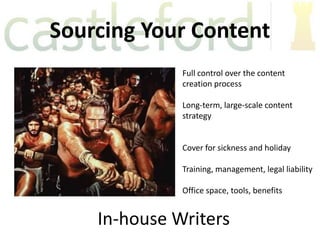 Sourcing Your Content
              Full control over the content
              creation process

              Long-term, large-scale content
              strategy


              Cover for sickness and holiday

              Training, management, legal liability

              Office space, tools, benefits


    In-house Writers
 