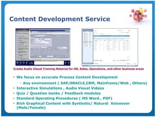 Content Development Service <ul><li>We focus on accurate Process Content Development </li></ul><ul><ul><li>Any environment...