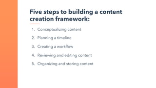 Five steps to building a content
creation framework:
1. Conceptualizing content
2. Planning a timeline
3. Creating a workflow
4. Reviewing and editing content
5. Organizing and storing content
 