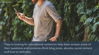 They’re looking for educational content to help them answer some of
their questions and concerns—think blog posts, ebooks, social content,
and how-to webinars.
SOURCE: BURST
 