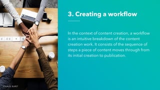 3. Creating a workflow
SOURCE: BURST
In the context of content creation, a workflow
is an intuitive breakdown of the content
creation work. It consists of the sequence of
steps a piece of content moves through from
its initial creation to publication.
 