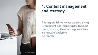 1. Content management
and strategy
This responsibility involves creating a long-
term content plan, mapping it to business
needs, ensuring the other responsibilities
are met, and analyzing
the reports.
SOURCE: BURST
 