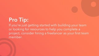 Pro Tip:
If you’re just getting started with building your team
or looking for resources to help you complete a
project, consider hiring a freelancer as your first team
member.
 