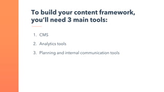 To build your content framework,
you’ll need 3 main tools:
1. CMS
2. Analytics tools
3. Planning and internal communication tools
 