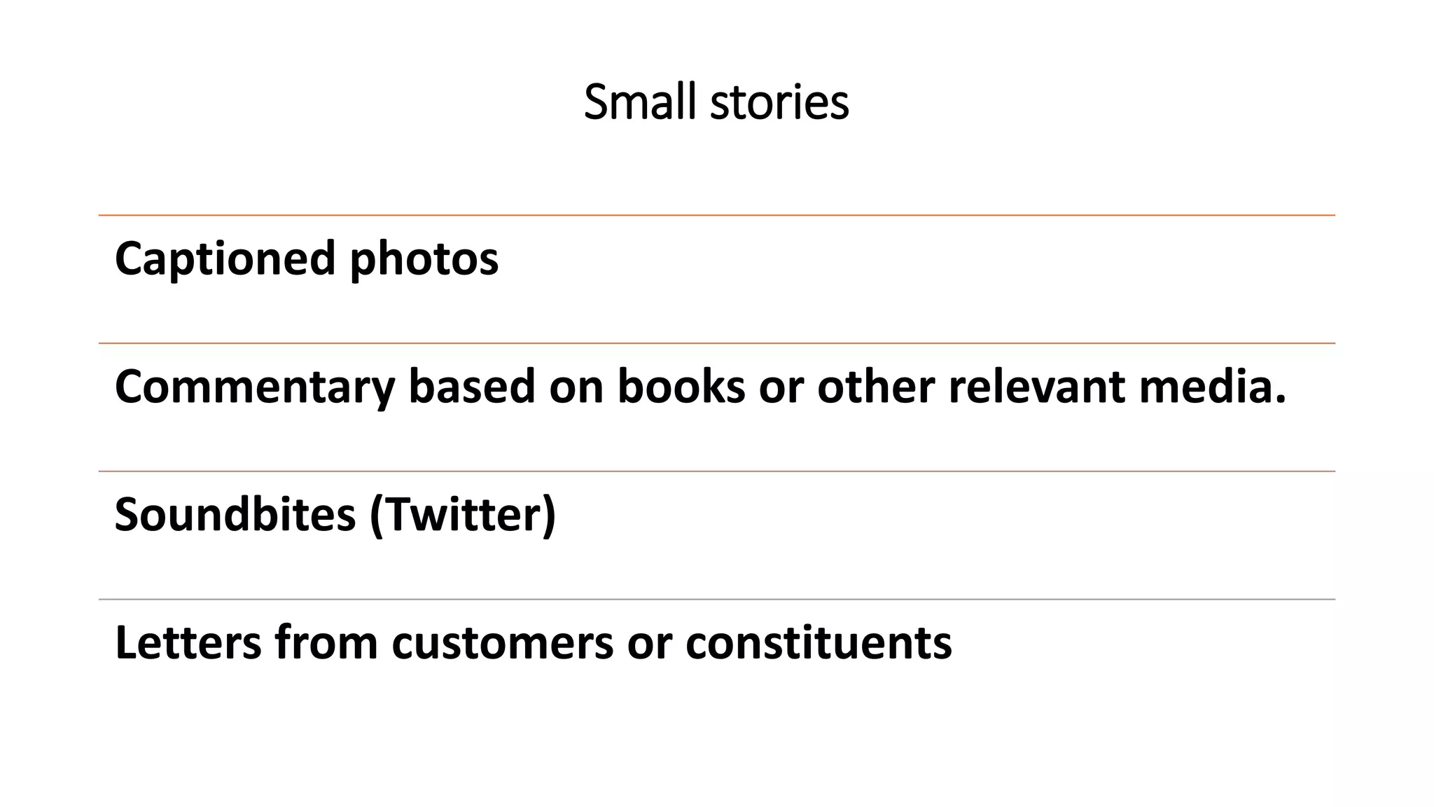 Small stories
Captioned photos
Commentary based on books or other relevant media.
Soundbites (Twitter)
Letters from customers or constituents
 